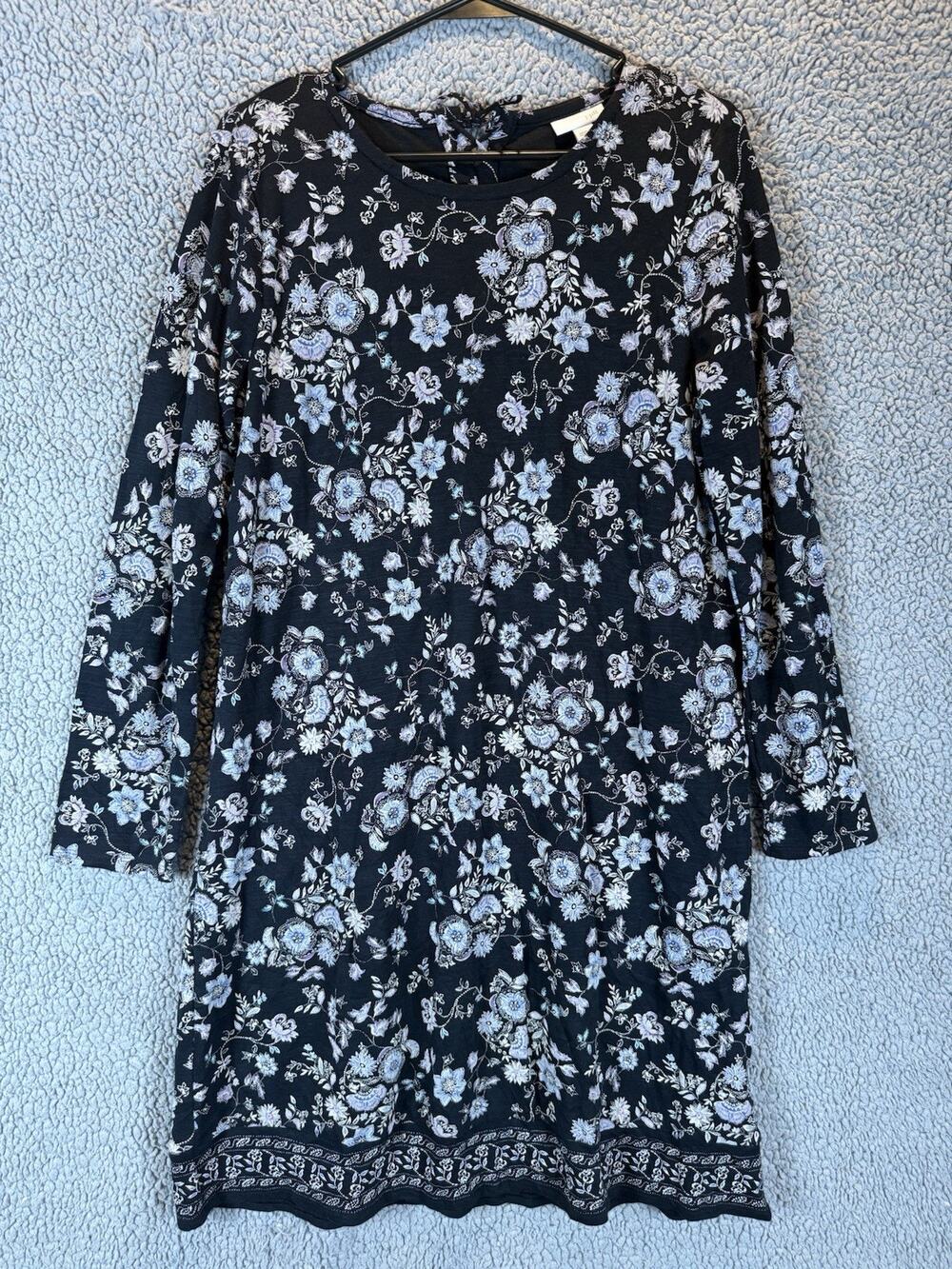 J Jill Floral Print Long Sleeve Dress Sz M Navy Blue Lace Up Back Cotton Modal